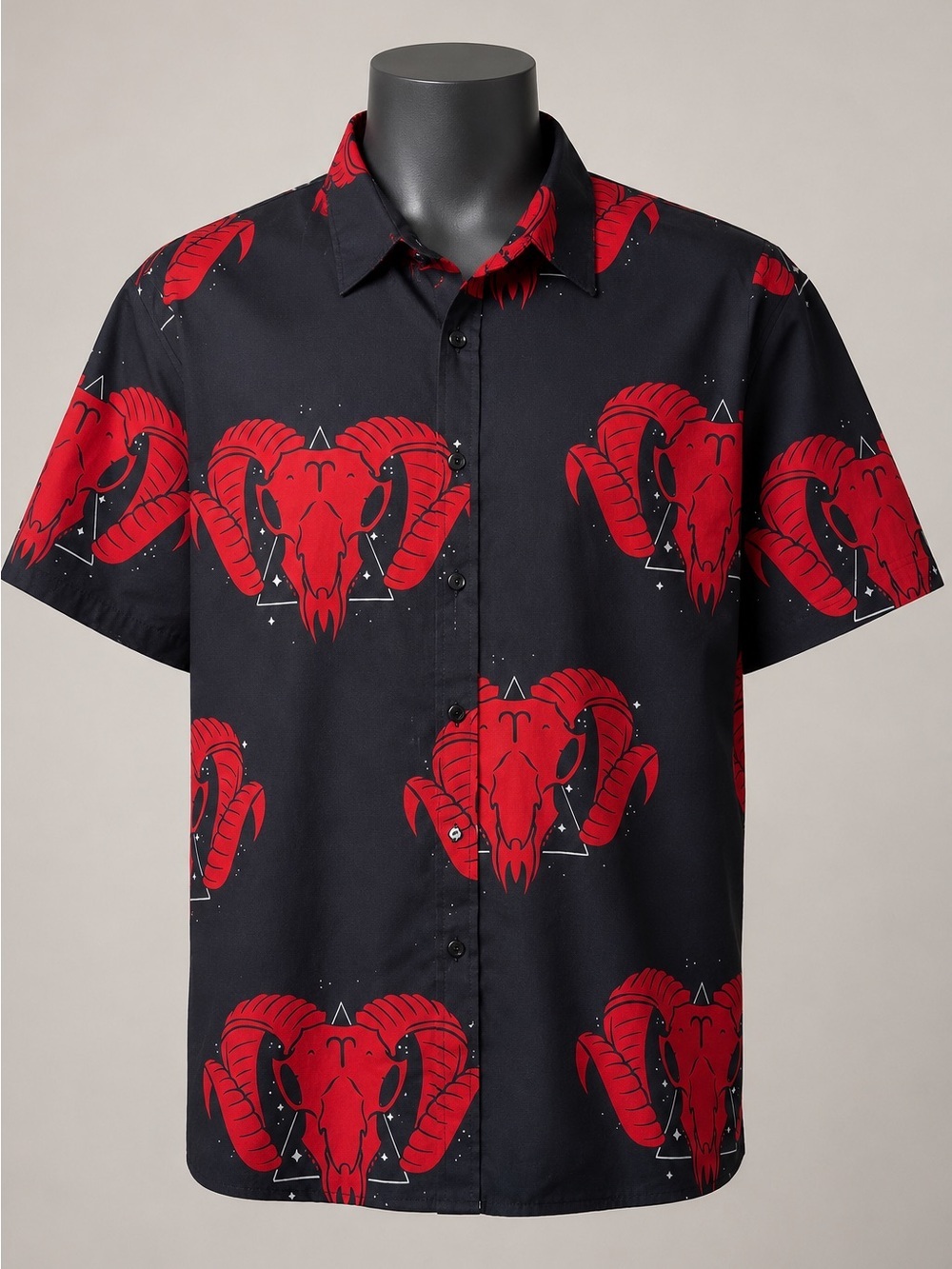 Red Ram Skull Black Button Up Shirt Gothic Occult Unisex Size Small